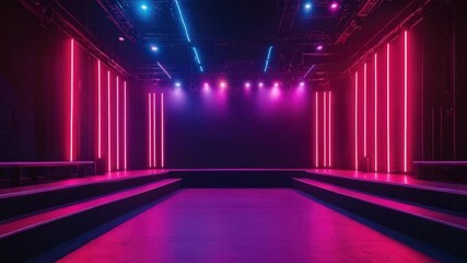 Poster - Futuristic Stage with Neon Lights and Bright Colors Creating a Vibrant Atmosphere for Performances and Events in a Modern Design Setting