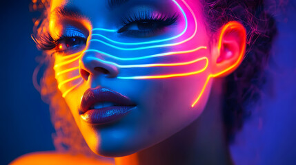 Poster - Portrait of a woman with neon lines on her face in blue pink and orange color gradient lighting