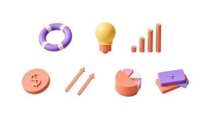 Aufkleber - A collection of 3d rendered elements representing business, investment, and financial concepts.