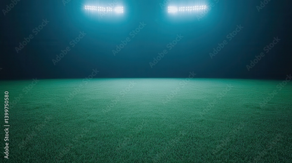 Dimly Lit Football Field Under Bright Stadium Lights at Night
