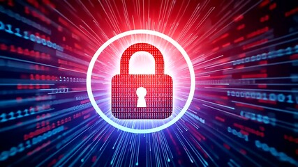 Digital security concept with a padlock symbol against a backdrop of data streams and binary code
