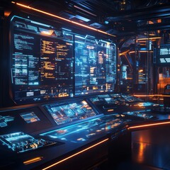 Poster - Futuristic control panel with glowing interactive displays.
