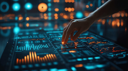 Poster - Analyzing data on digital interface with hand touching screen for business intelligence dashboard display