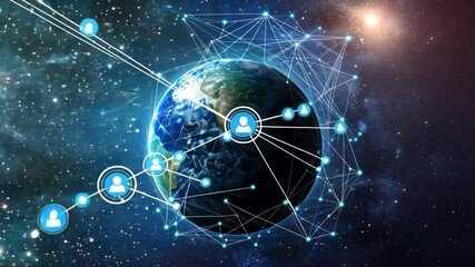 Poster - Global Network: A visually stunning depiction of the Earth encircled by interconnected nodes, symbolizing a vast network of global communication and data exchange in a deep space.