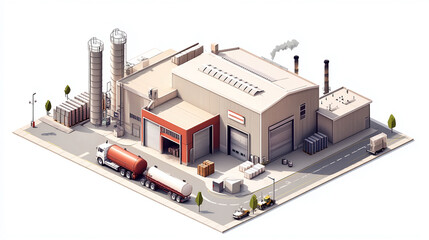 Poster - Isometric industrial factory building with trucks and tanks for manufacturing and distribution process