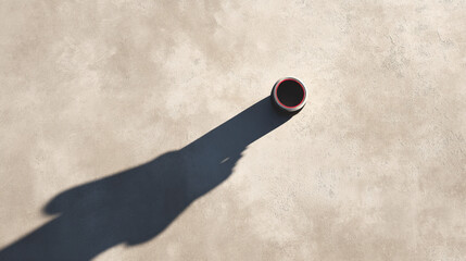Poster - Overhead shot of coffee cup casting shadow on textured surface for drink and beverage photography ideas