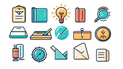 Poster - Vector graphic icon set business office stationery light bulb search clock download paper email note pad