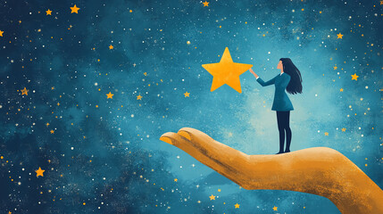 Poster - Illustration of woman reaching for star in night sky dreamscape digital art with hand support