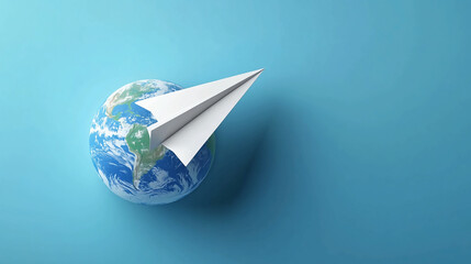 Poster - Paper airplane flying around the world concept for travel business and global communication network idea