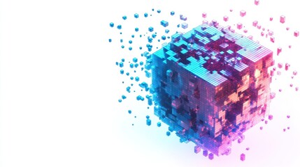 Poster - A fragmented digital cube, composed of smaller pixelated cubes, dispersing into the surrounding space.