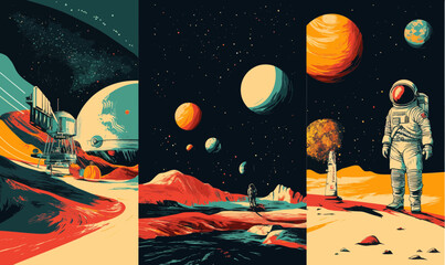 Poster - Futuristic Space Exploration: Astronauts, Planets, and Galaxy in Retro Vector Art