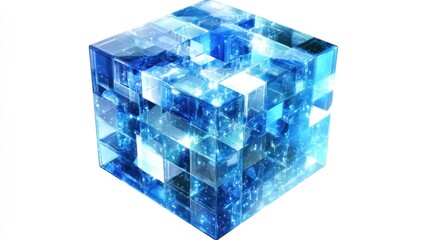 Poster - A complex, crystalline blue cube composed of interconnected, transparent squares.