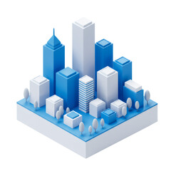 Poster - Isometric Cityscape: Blue and White Buildings on a Square Base