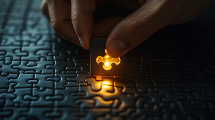 Poster - Puzzle solving strategy concept completing final task with jigsaw piece and hand light shining through