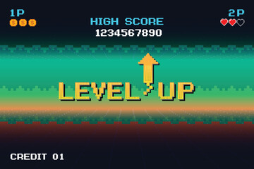 Leinwandbilder - LEVEL UP icon pixel art. 8 bit game. retro game. Retro Futurism Sci-Fi Background. glowing neon grid. and stars from vintage arcade computer games