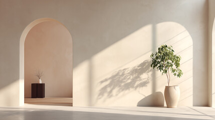 Poster - Minimalist interior design with arches plant and sunlight for home decor and architectural inspiration
