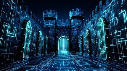Aufkleber - Futuristic digital castle interior with glowing circuitry and high-tech design, evoking a cyber realm