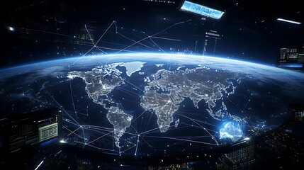 Aufkleber - Futuristic global network visualization illustrating Earth from space with interconnected data streams