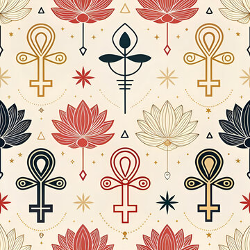 A minimalist Egyptian-inspired pattern with simple geometric shapes, hieroglyphics, and subtle symbols like the ankh, pyramids, and scarabs.