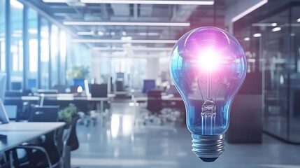 Poster - Futuristic office space with a glowing light bulb symbolizing innovation and creativity in a modern setting
