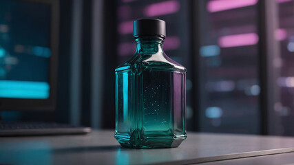 Poster - Modern glass bottle with a unique design on a desk with a glowing computer screen in a contemporary setting