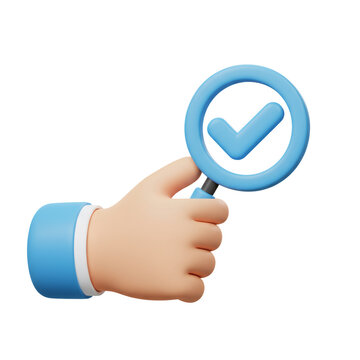 3D Render of a Hand Holding a Blue Check Mark Magnifying Glass