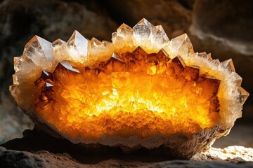 Poster - A geode with luminous, orange-brown quartz crystals radiating light from its interior, a stunning natural formation.