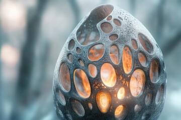 Aufkleber - An intricately designed, porous, spherical lamp with an inner warm glow, evoking a futuristic or organic aesthetic.