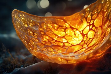 Aufkleber - Glowing amber glass sculpture with a unique, organic, honeycomb-like texture.