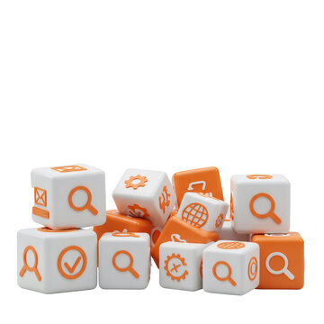 White and Orange Cubes with Search Icons on Transparent Background