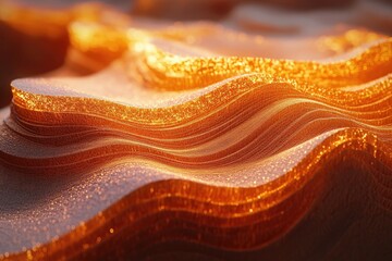 Fototapete - Abstract golden landscape, shimmering waves of layered texture, illuminated by warm light.