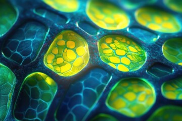 Poster - Abstract microscopic image showing vibrant yellow and green cells within a dark blue, interconnected network.