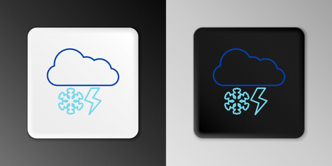 Poster - Line Cloud with snow and lightning icon isolated on grey background. Cloud with snowflakes. Single weather icon. Snowing sign. Colorful outline concept. Vector
