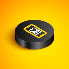 Fototapete - Isometric line Mobile phone with heart icon isolated on yellow background. Valentines day. Black circle button. Vector