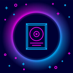 Poster - Glowing neon line CD disk award in frame icon isolated on black background. Modern ceremony. Best seller. Musical trophy. Colorful outline concept. Vector