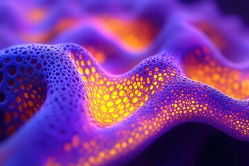 Poster - Abstract 3D render of a porous, bioluminescent, purple and orange surface with a wavy texture.