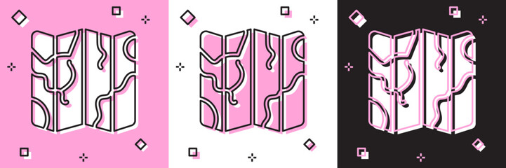 Poster - set folded map icon isolated on pink and white, black background. vector