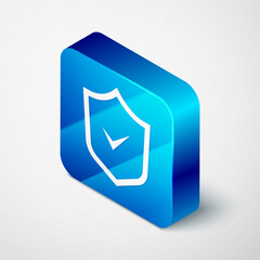 Poster - Isometric Shield with check mark icon isolated on grey background. Security, safety, protection, privacy concept. Tick mark approved. Blue square button. Vector