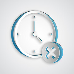 Poster - Paper cut Clock delete icon isolated on grey background. Time symbol. Paper art style. Vector