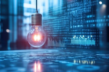 Leinwandbilder - Light bulb illuminating data and technology background in a modern office environment