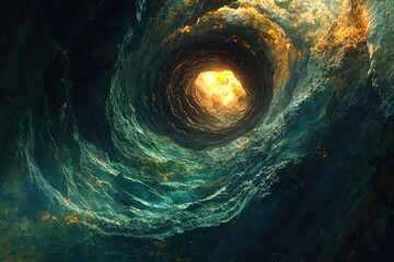 Aufkleber - A swirling, dark teal tunnel leads to a bright, fiery light at its end. An abstract, otherworldly cave.