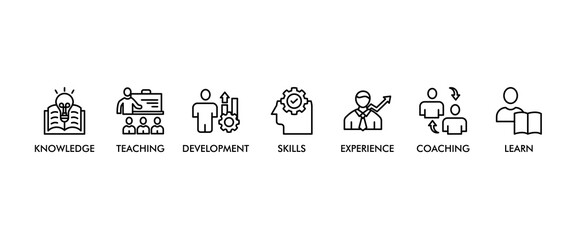 Poster - Training and development banner web icon vector illustration concept with icon of trainer, professional development, supervisory, trainee, instructor, coaching, career transition, and communication