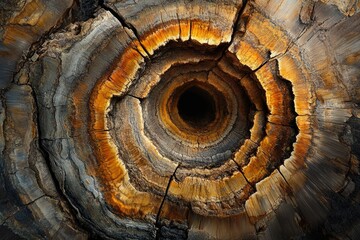 Aufkleber - Petrified wood cross-section reveals intricate concentric rings and deep, dark center.