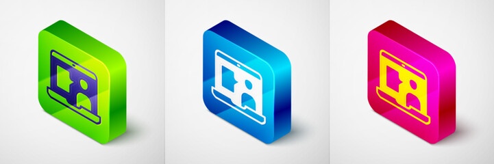 Poster - Isometric E-learning of different foreign languages icon isolated on grey background. Square button. Vector