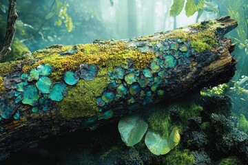 Poster - Moss-covered log in a mystical forest, adorned with vibrant blue-green fungi.