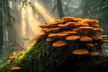 Poster - Cluster of vibrant orange mushrooms growing on a moss-covered log in a sunlit forest.