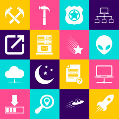 Poster - Set Rocket ship with fire, Computer network, Alien, Police badge, Mail server and Open in new window icon. Vector