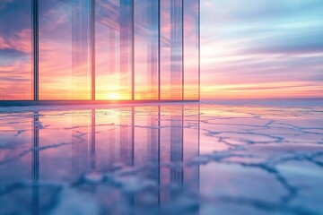 Poster - Modern glass building reflects a vibrant sunset, creating a serene and captivating scene.
