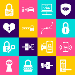 Poster - Set Digital door lock with wireless, Smart car alarm system, Lock, VPN Computer network, Password protection and Heart keyhole icon. Vector
