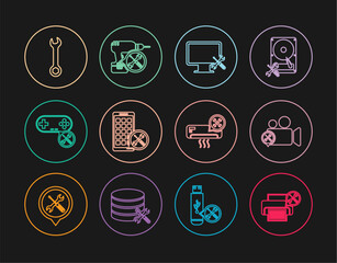 Poster - Set line Printer service, Video camera, Computer monitor, Mobile Apps, Gamepad, Wrench, Air conditioner and Drill machine icon. Vector